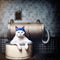 White sailor man cat takes a bath in a metal barrel