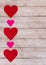 White Saint Valentine`s day background with red and pink hearths, vertical card orientation, copy space