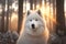 White samoyed dog in forest. Beautiful white dog portrait walking in nature. Ai generative.