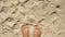 White sand beach and female feet. Soft sand beach top view photo for background or template