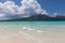 White sand beach sandbank with volcano view Philippines