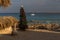 White sand, palm trees and blue sea and christmas tree