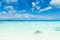 White sand tropical beach, clear blue coral water