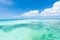 White sand tropical beach, clear blue coral water