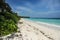 White sand tropical beach with plastic bottles, palm trees and blue ocean