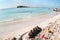 White sand and turquoise sea water are on the Nissi beach. It is a popular beach in the resort of Ayia Napa, Cyprus, Europe. The