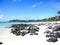 White sandy beach with scattering of rocks in forefront and aqua sea with palm tress in distance