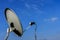 White satellite antenna with blue sky and white clouds background
