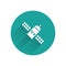White Satellite icon isolated with long shadow. Green circle button. Vector
