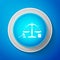 White Scales of justice, gavel and book icon isolated on blue background. Symbol of law and justice. Concept law. Legal