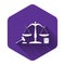 White Scales of justice, gavel and book icon isolated with long shadow. Symbol of law and justice. Concept law. Legal