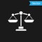 White Scales of justice icon isolated on black background. Court of law symbol. Balance scale sign. Vector.