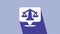 White Scales of justice icon isolated on purple background. Court of law symbol. Balance scale sign. 4K Video motion