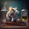 A white scientist mouse with glasses performing an experiment in his laboratory. Created with Generative AI