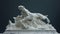 A white sculpture of a dog jumping over waves on top of marble, AI