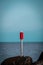 White seagull stands atop a signpost by a coastal landscape, looking at blue sea in the distance