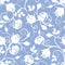 White seamless floral pattern with rose buds on blue. Vector illustration.