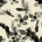 White Seamless Painting. Gray Pattern Texture. Black Tropical Foliage.Flower Illustration. Drawing Textile.