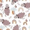 White seamless pattern with flying lambs and rainbows - vector illustration, eps