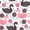 White seamless pattern with pink and black princess swan