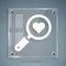 White Search heart and love icon isolated on grey background. Magnifying glass with heart inside. Square glass panels