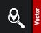 White Search location icon isolated on black background. Magnifying glass with pointer sign. Vector Illustration