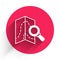 White Search location icon isolated with long shadow. Magnifying glass with pointer sign. Red circle button. Vector