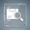 White Search package icon isolated on grey background. Parcel tracking. Magnifying glass and cardboard box. Logistic and
