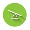 White Seesaw icon isolated with long shadow. Teeter equal board. Playground symbol. Green circle button. Vector