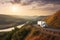 white semi truck parked at a scenic overlook