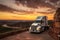 white semi-truck parked at a scenic overlook with sunset behind