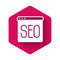 White SEO optimization icon isolated with long shadow background. Pink hexagon button. Vector