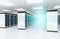 White servers data center room with bright halo light through the corridor 3D rendering