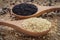 White sesame and black sesame seed on wooden spoon