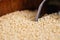 White sesame - Sesamum indicum - seeds in small wooden bowl with scoop - closeup macro detail