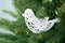 White sewing bird Christmas decoration on spruce