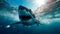 White shark emerges from water, its powerful jaws ready to strike, Generative AI