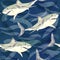 White shark, hand painted watercolor illustration, seamless pattern on dark blue ocean surface with waves