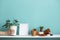 White shelf against pastel turquoise wall with pottery and succulent plant. Hand putting down potted schefflera plant