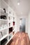 White shelves and wooden floor