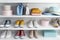 White shelving unit with collection of sneakers and accessories