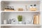 White shelving unit with plants and decorative stuff