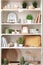 White shelving unit with plants and decorative stuff