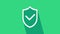 White Shield with check mark icon isolated on green background. Protection symbol. Security check Icon. Tick mark