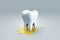 White shiny clean tooth in a puddle of yellow paint, teeth whitening. Generative ai