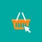 White shopping basket with cursor arrow sign. Simple icon isolated on blue background