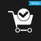 White Shopping cart with check mark icon isolated on black background. Supermarket basket with approved, confirm, tick