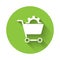 White Shopping cart icon isolated with long shadow. Online buying concept. Delivery service. Supermarket basket. Green