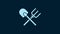 White Shovel and rake icon isolated on blue background. Tool for horticulture, agriculture, gardening, farming. Ground