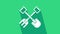 White Shovel and rake icon isolated on green background. Tool for horticulture, agriculture, gardening, farming. Ground